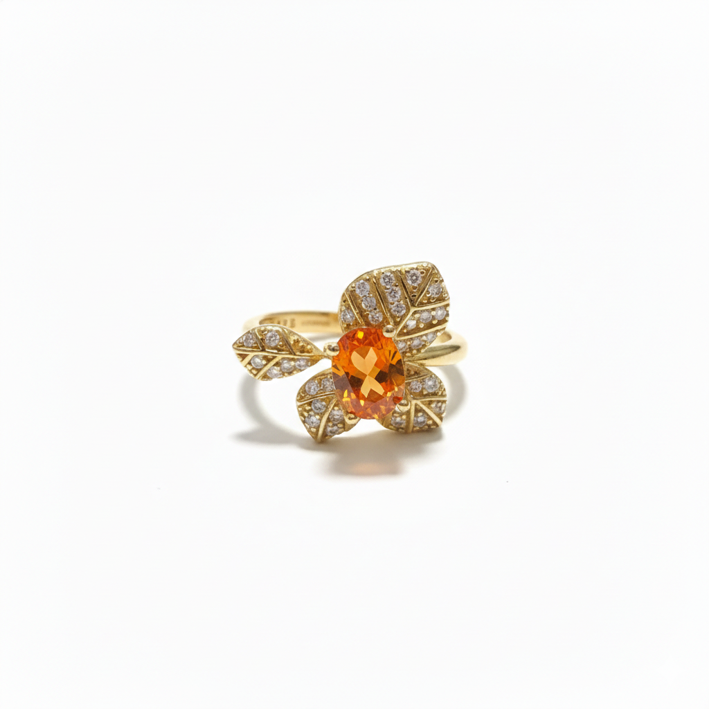 Gullring med citrin stein og krystallblader – Blomsterdesign