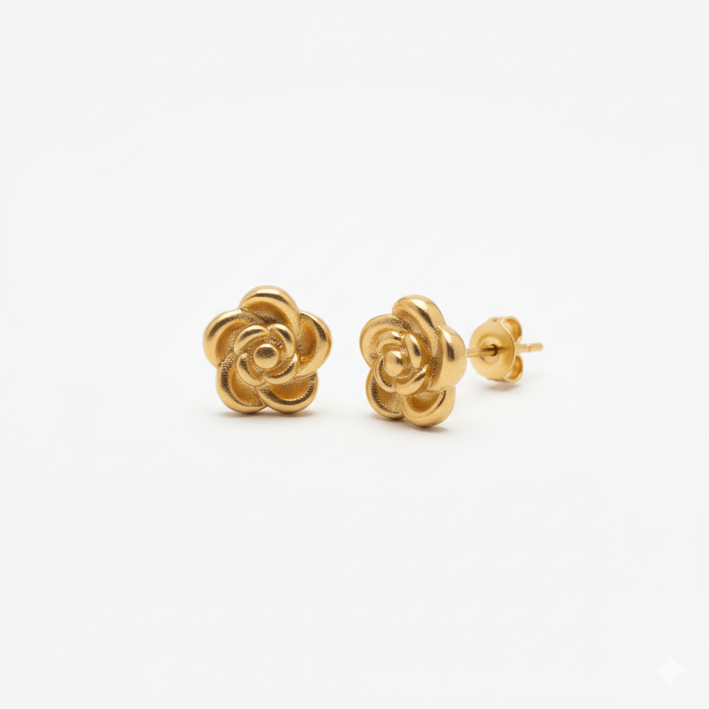 Gullfargede Rose-øredobber – Tidløst Blomstermotiv