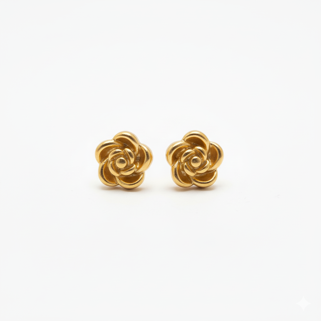 Gullfargede Rose-øredobber – Tidløst Blomstermotiv