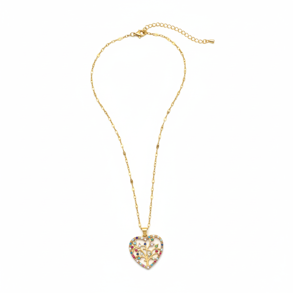 Tree of Life Heart Necklace – Gullbelagt med Regnbuestener